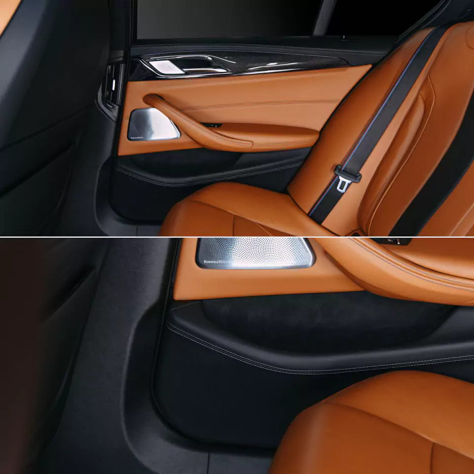 Построили новую акустическую систему для BMW M5 с дизайнерским оформлением багажника! Перешили в кожу салонный пластик, заламинировали карбоном зеркала, провели комплекс детейлинг-услуг